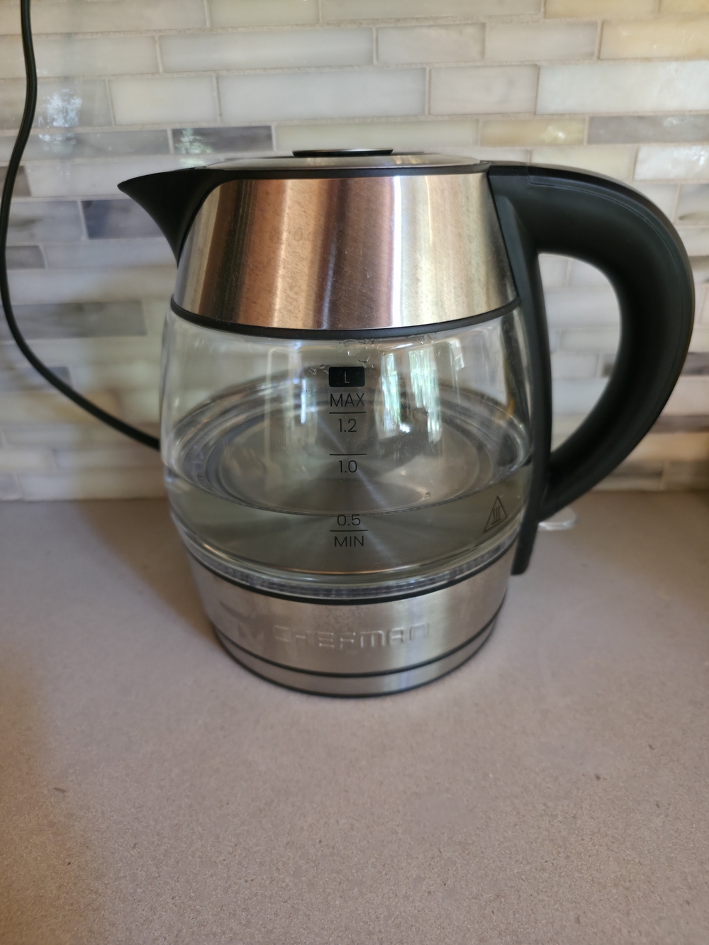 Glass Electric Kettle with Stainless Accents and Black Handle